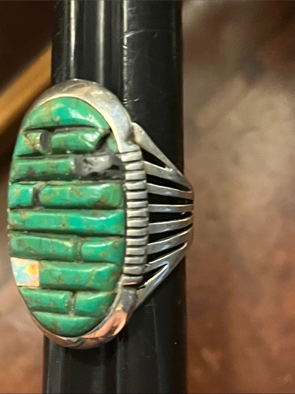 Turquoise Inlay Sterling-Style Oval Ring Sterling Marked Size 9.5